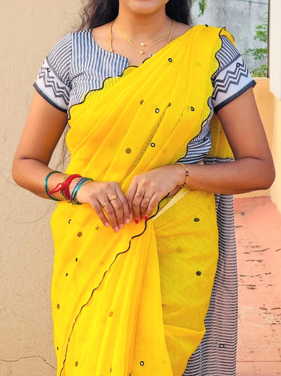 Mirror Work Printed Linen Saree with Stitched Blouse — linen Sarees, front view